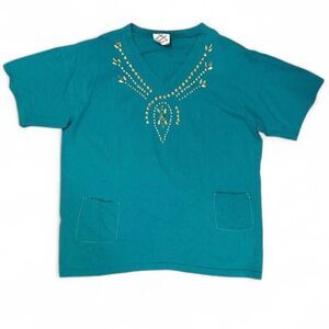 Sweet Blondie Shirt Teal V Neck Rhinestone Studded 90s 80s Wmns OS Made in USA